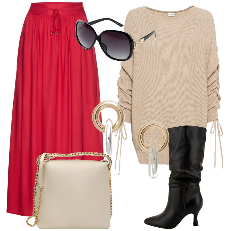 Outfit donna - S. Valentino aperitivo con le amiche. Stile Casual chic per Tutti i giorni. Abbinamento con gonne lunghe, occhiali da sole, maglieria, stivali, borse a mano, orecchini.