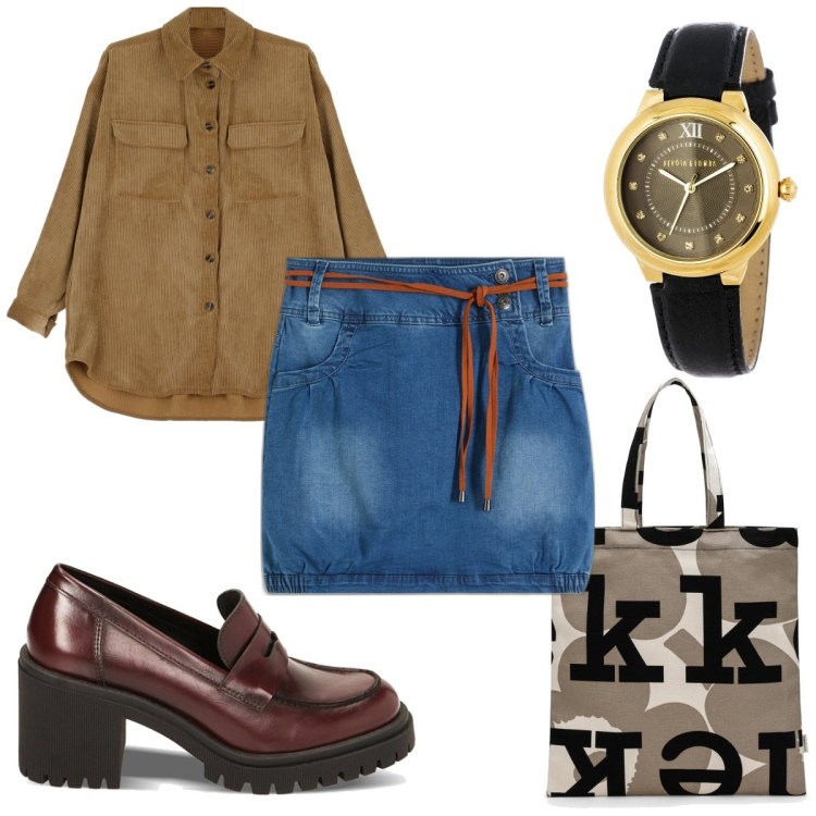 Outfit donna - Total look #1817326. Stile Trendy per Tutti i giorni. Abbinamento con minigonne, orologi, camicie, mocassini, borse tote.