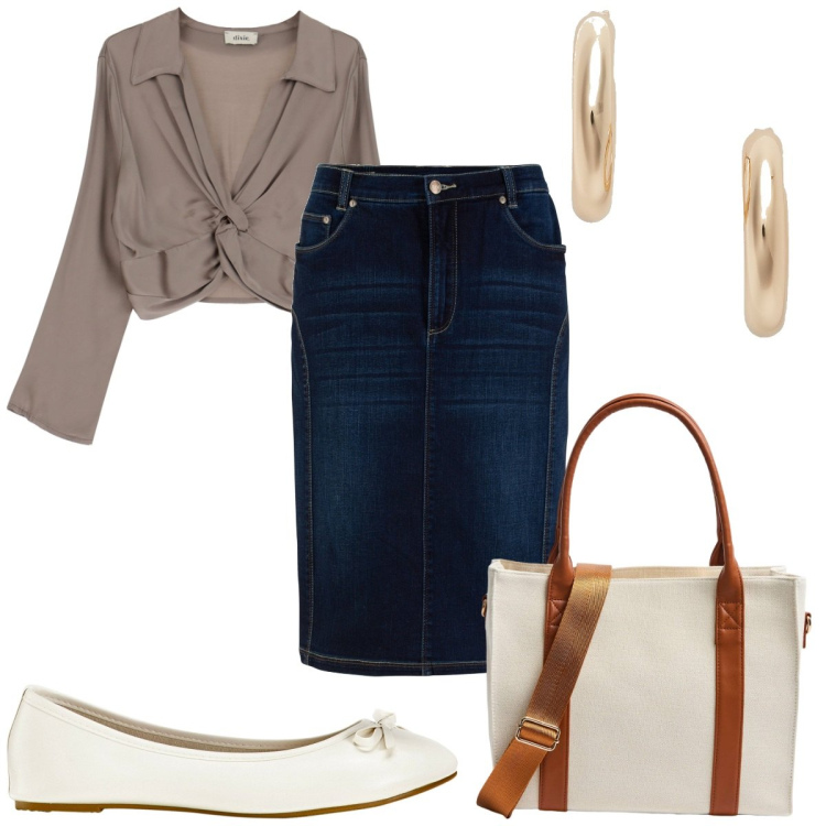 Outfit donna - Total look #1817329. Stile Trendy per Tutti i giorni. Abbinamento con gonne, ballerine, shopping bag, camicie, orecchini.