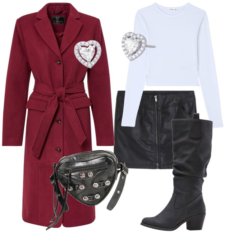 Outfit donna - Dopocena a San Valentino. Stile Casual chic per Serata fuori. Abbinamento con stivali, cappotti, minigonne, t-shirt, orecchini, borse a tracolla.