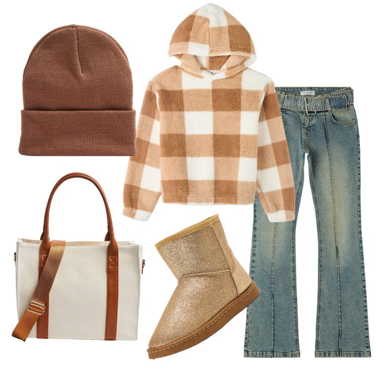 Outfit donna - Annabel streetwear. Stile Urban per Tutti i giorni. Abbinamento con jeans a zampa, stivali, felpe con cappuccio, shopping bag, berretti.