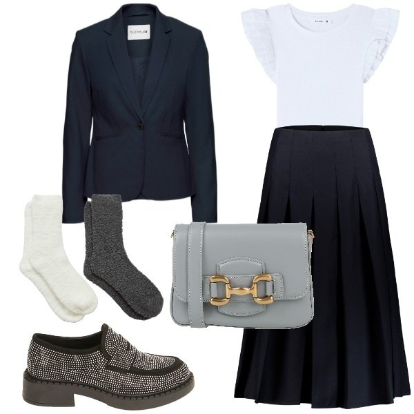 Outfit donna - Calzini e macassini. Stile Trendy per Ufficio. Abbinamento con blazer, borse a tracolla, t-shirt, calzini, mocassini, gonne longuette.