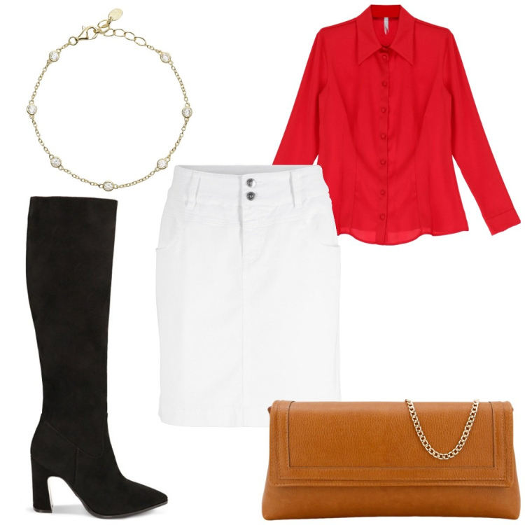 Outfit donna - Total look #1817349. Stile Trendy per Tutti i giorni. Abbinamento con minigonne, braccialetti, camicie, pochette, stivali sopra il ginocchio.