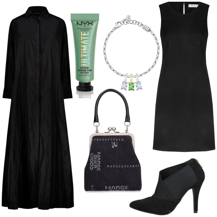 Outfit donna - Prontissima. Stile Chic per Cerimonia. Abbinamento con braccialetti, stivaletti, ombretti, vestiti a tubino, vestiti, borse a mano.