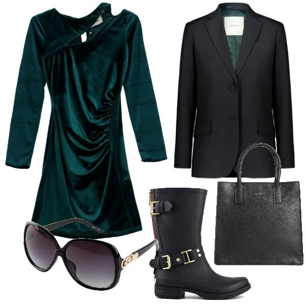 Outfit donna - Rain boots in città. Stile Urban per Tutti i giorni. Abbinamento con occhiali da sole, borse a mano, vestiti corti, blazer, stivali.