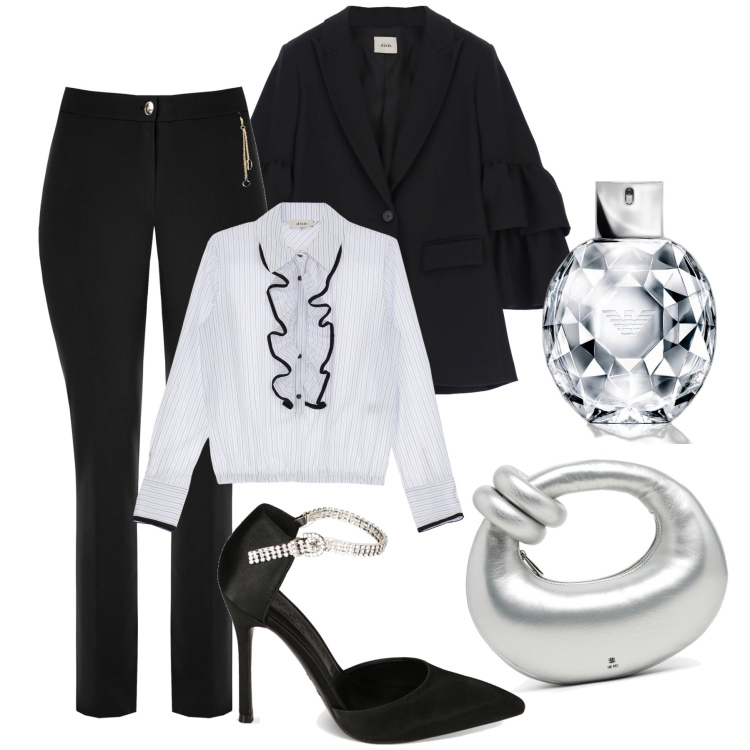 Outfit donna - Total look #1817354. Stile Chic per Serata fuori. Abbinamento con profumi, pantaloni a palazzo, décolleté, camicie, giacche, borse a mano.