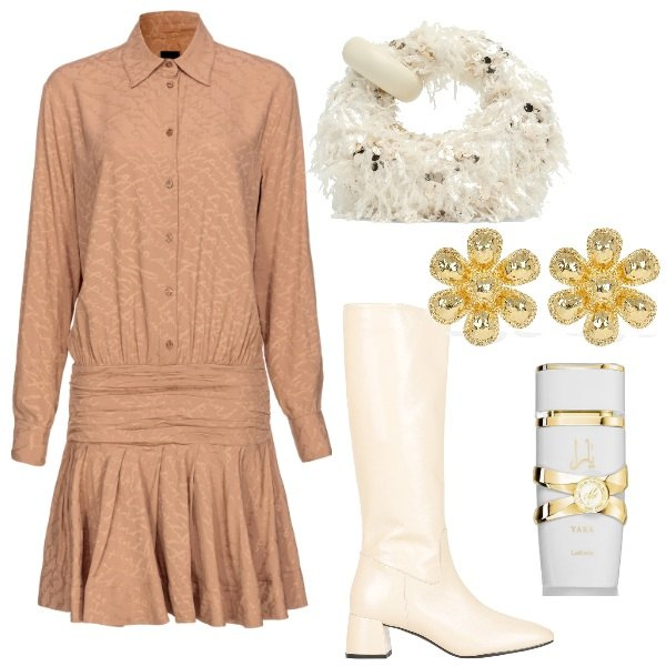 Outfit donna - Raffinata. Stile Chic per Ufficio. Abbinamento con stivali, profumi, vestiti corti, orecchini, borse a mano.