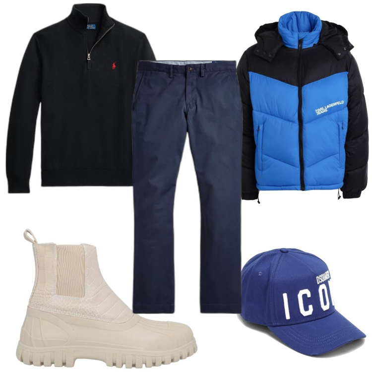 Outfit uomo - Weekend sugli sci!. Stile Trendy per Tutti i giorni. Abbinamento con piumini, stivali e stivaletti, pantaloni, maglieria, cappelli.