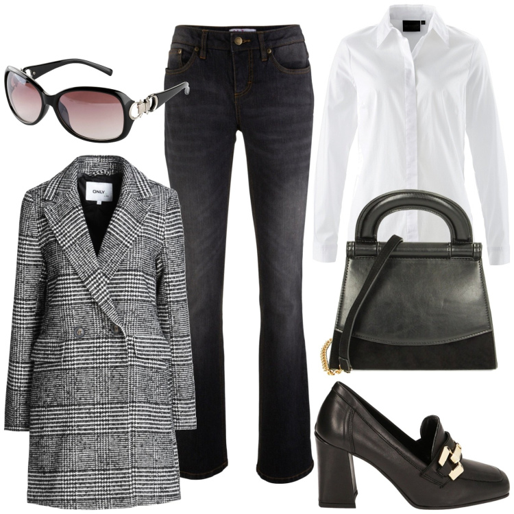 Outfit donna - Work. Stile Casual chic per Ufficio. Abbinamento con jeans bootcut, camicie, occhiali da sole, cappotti, mocassini, borse a mano.