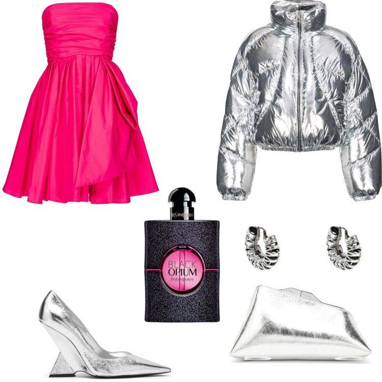 Outfit donna - Bagliori argento. Stile Glamour per Serata fuori. Abbinamento con profumi, piumini, vestiti corti, scarpe col tacco, orecchini, clutch.