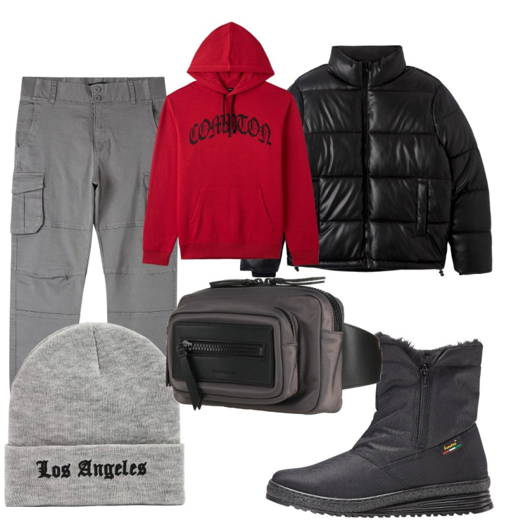 Outfit uomo - Total look #1817395. Stile Casual per Tutti i giorni. Abbinamento con stivali e stivaletti, borse sportive, felpe con cappuccio, piumini, pantaloni cargo, berretti.