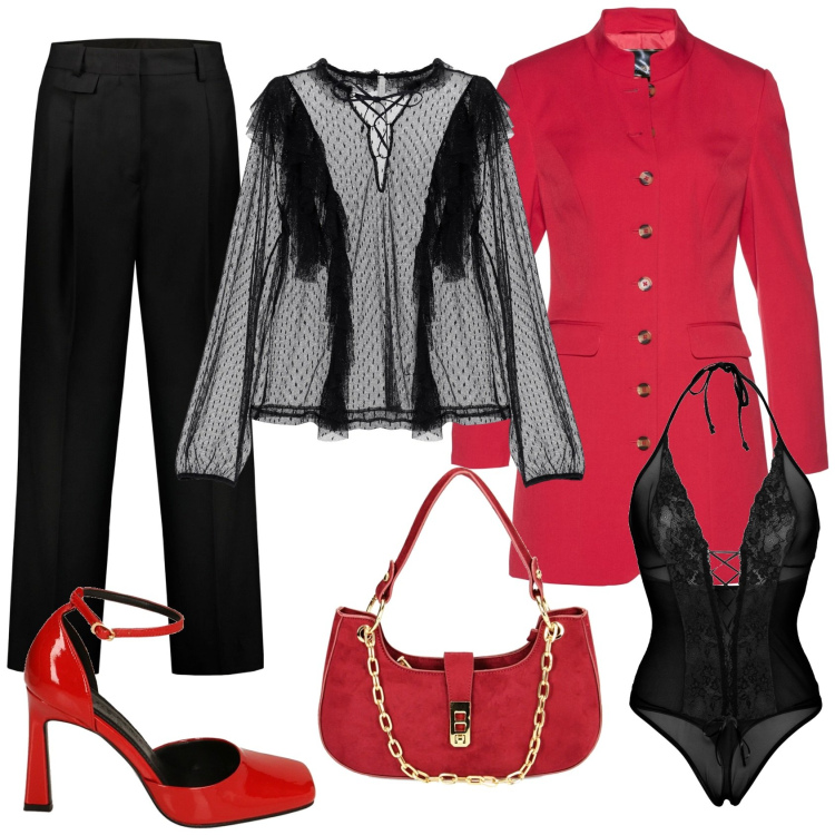 Outfit donna - Sensual in rosso e nero. Stile Sexy per Serata fuori. Abbinamento con blazer, body, camicie, décolleté, borse a spalla, pantaloni.