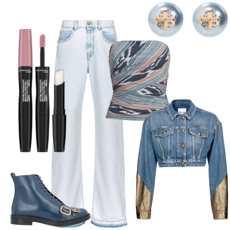 Outfit donna - Azzurro e blue. Stile Casual per Tutti i giorni. Abbinamento con stivaletti, orecchini, rossetti, jeans a zampa, blazer, top.