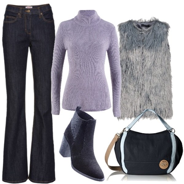 Outfit donna - Dolcevita lilla. Stile Urban per Tutti i giorni. Abbinamento con jeans bootcut, pullover a coste collo a dolcevita viola e corda, stivaletti con tacco largo nero, ecopelliccia, borsetta blu scuro.