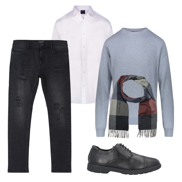 Outfit uomo - Pull e camicia. Stile Casual per Ufficio. Abbinamento con scarpe stringate, jeans strappati, camicie, maglieria, sciarpe.