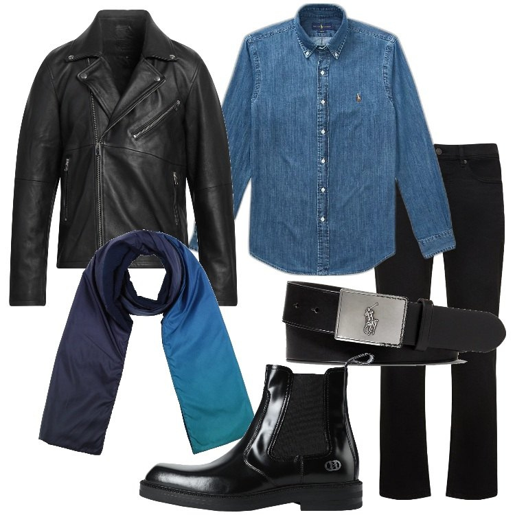 Outfit uomo - Lo stile perfetto per il primo incontro. Stile Biker Rock per Serata speciale. Abbinamento con stivali e stivaletti, giacche, sciarpe, camicie, cinture, jeans.
