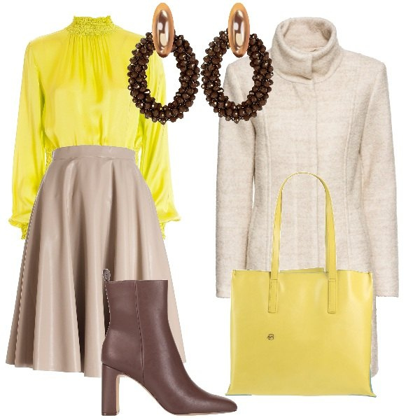 Outfit donna - L\'Architetto Glamour. Stile Glamour per Ufficio. Abbinamento con cappotti, borse a spalla, orecchini, stivaletti, gonne longuette, bluse.