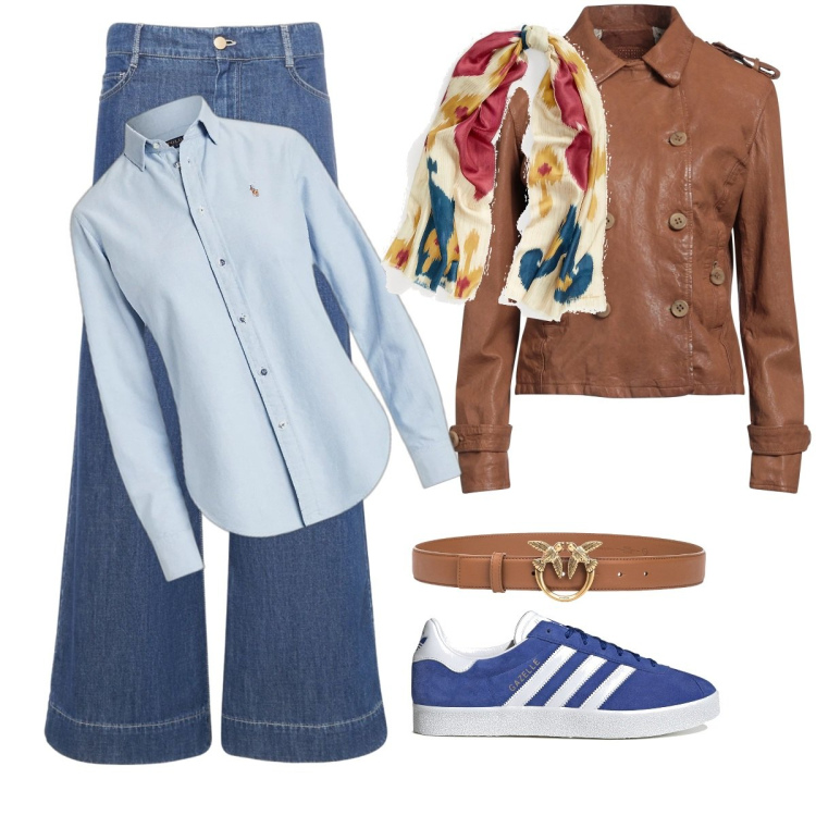 Outfit donna - Primavera. Stile Sporty chic per Tutti i giorni. Abbinamento con blazer, cinture, camicie, foulard, jeans dritti, sneakers.