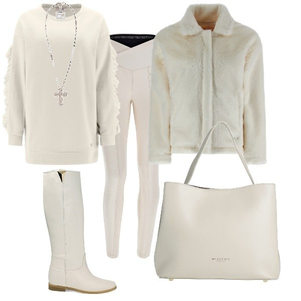 Outfit donna - Total look #1817431. Stile Glamour per Serata fuori. Abbinamento con borse a mano, collane, cappotti, felpe, pantaloni skinny, stivali.