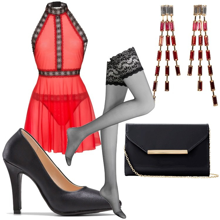 Outfit donna - look serata romantica. Stile Sexy per Serata fuori. Abbinamento con collant, vestaglie, décolleté, pochette, orecchini.