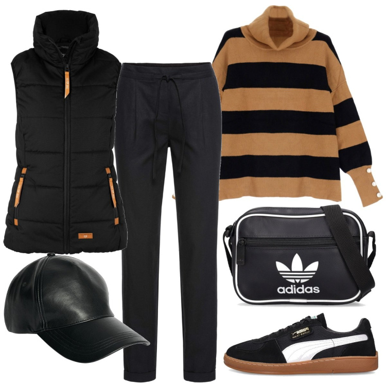 Outfit donna - Smanicato. Stile Casual per Tutti i giorni. Abbinamento con piumini, pantaloni, maglieria, sneakers, borse a spalla, cappelli.