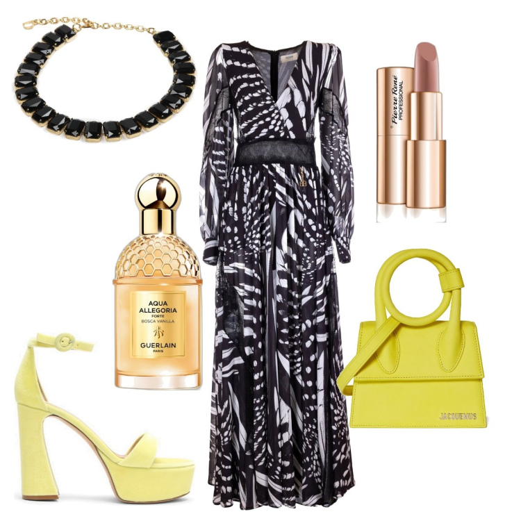 Outfit donna - Nero e giallo. Stile Glamour per Serata fuori. Abbinamento con collane, rossetti, profumi, vestiti lunghi, borse a mano, sandali col tacco.