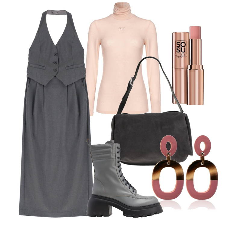 Outfit donna - Ghost outfitter - febbraio. Stile Casual chic per Ufficio. Abbinamento con borse a spalla, orecchini, stivaletti, blush, maglieria, vestiti lunghi.