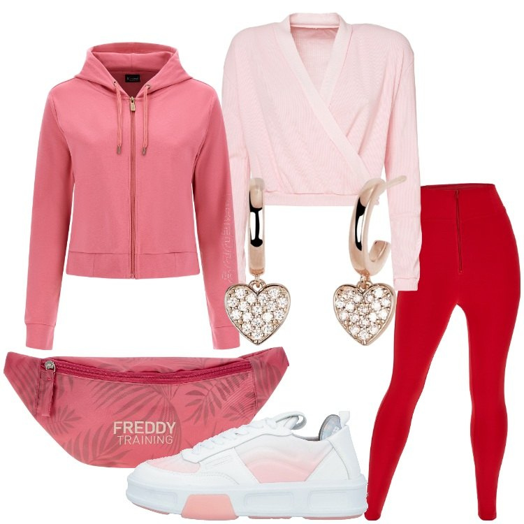 Outfit donna - Freddy in love. Stile Casual per Tutti i giorni. Abbinamento con sneakers, orecchini, top, felpe con cappuccio, pantaloni skinny, marsupi.