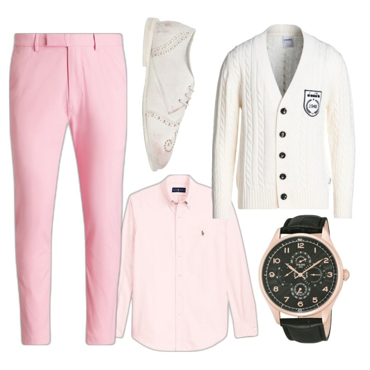 Outfit uomo - Giuliano: delicatamente pastello. Stile Casual per Ufficio. Abbinamento con cardigans, scarpe stringate, orologi, camicie, pantaloni.