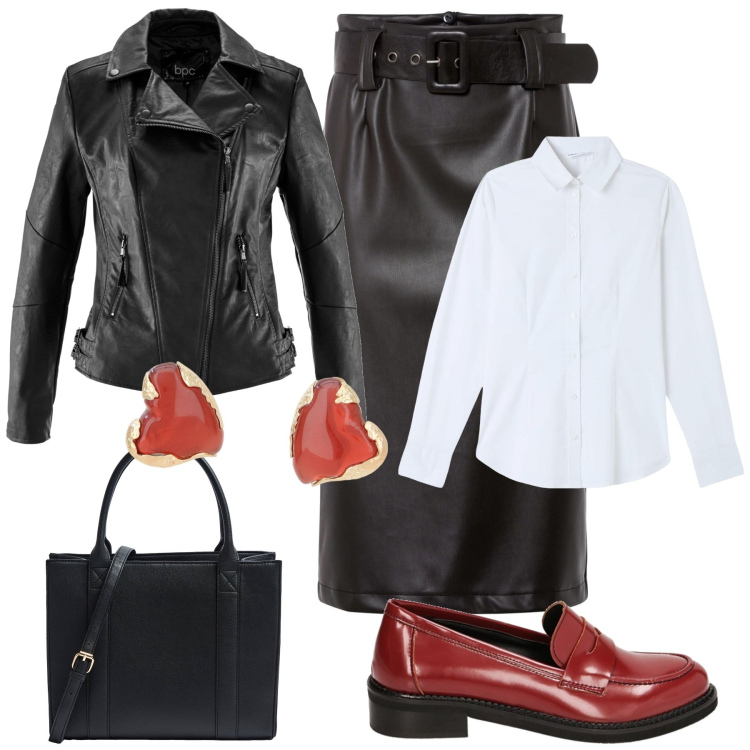 Outfit donna - Piccoli e preziosi. Stile Sexy per Tutti i giorni. Abbinamento con blazer, gonne longuette, orecchini, camicie, shopping bag, mocassini.