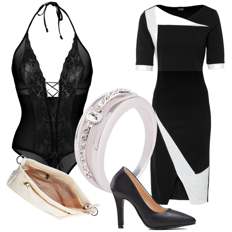 Outfit donna - Suggestioni per San Valentino. Stile Chic per Serata fuori. Abbinamento con vestiti a tubino, anelli, body, décolleté, borse a tracolla.