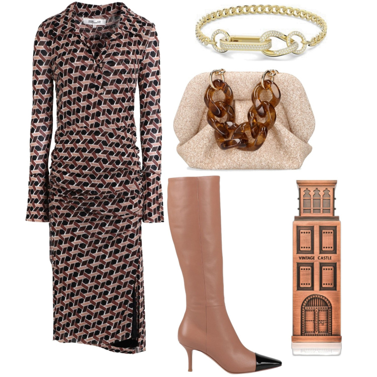 Outfit donna - Simmetrie. Stile Chic per Ufficio. Abbinamento con vestiti asimmetrici, stivali, profumi, braccialetti, pochette.