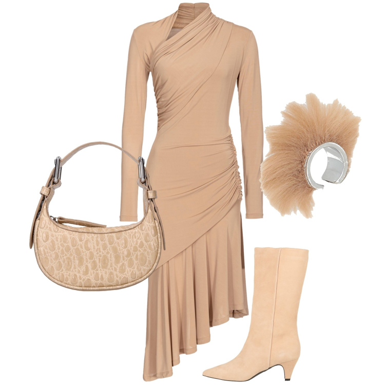 Outfit donna - Un\'occasione importante. Stile Chic per Cerimonia. Abbinamento con stivali, anelli, vestiti asimmetrici, borse a spalla.