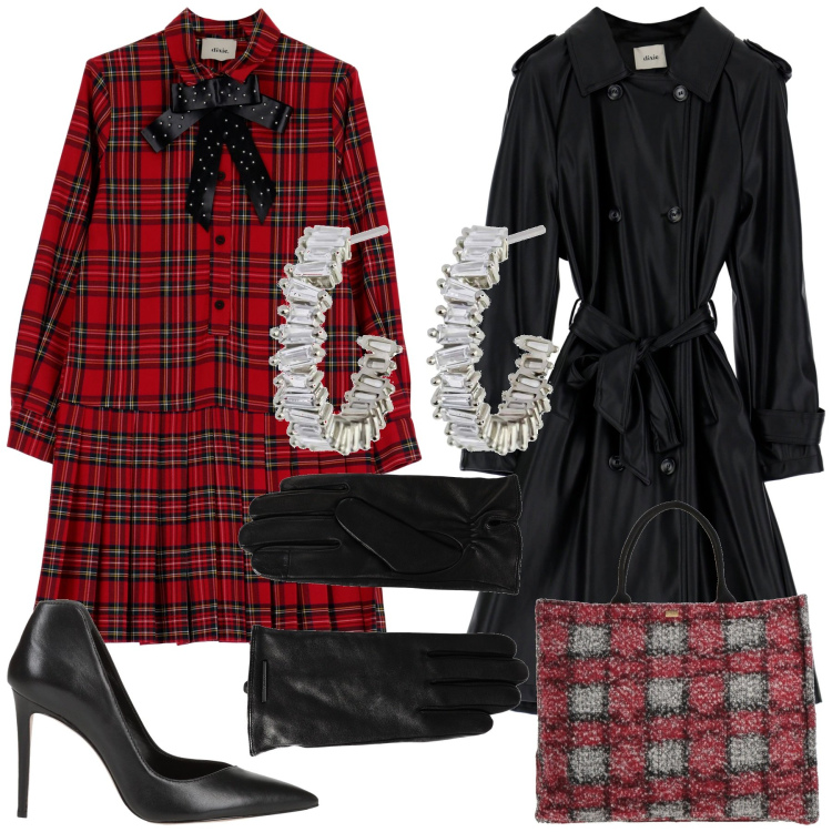 Outfit donna - Total look #1817519. Stile Trendy per Serata fuori. Abbinamento con borse a mano, décolleté, guanti, orecchini, vestiti corti, trench.