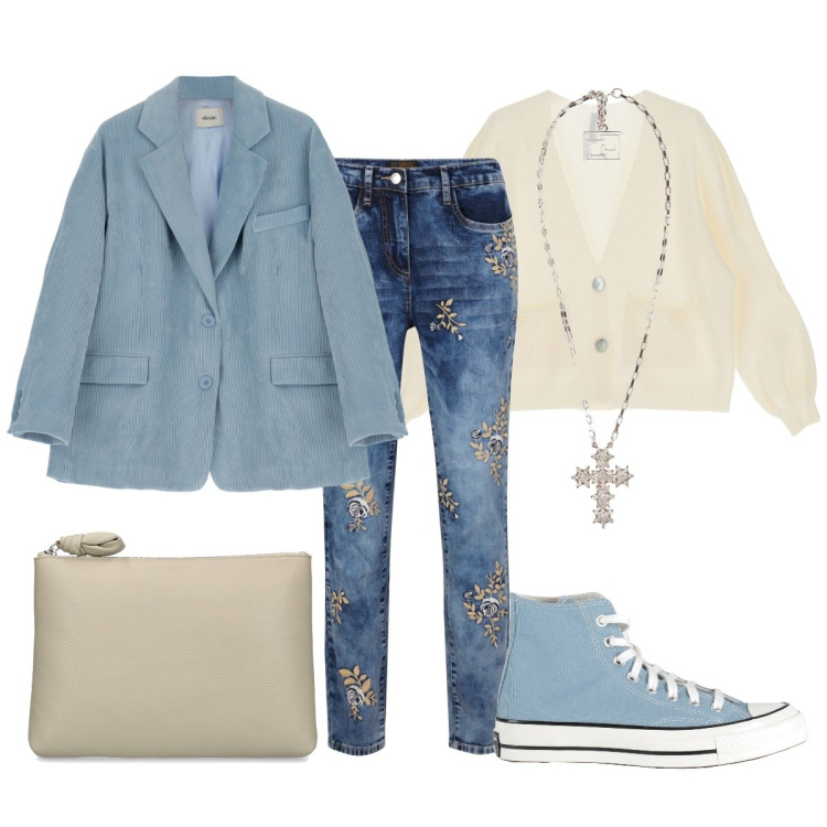 Outfit donna - Un\'idea di delicatezza. Stile Casual chic per Tutti i giorni. Abbinamento con jeans, sneakers alte, collane, cardigans, cappotti, pochette.