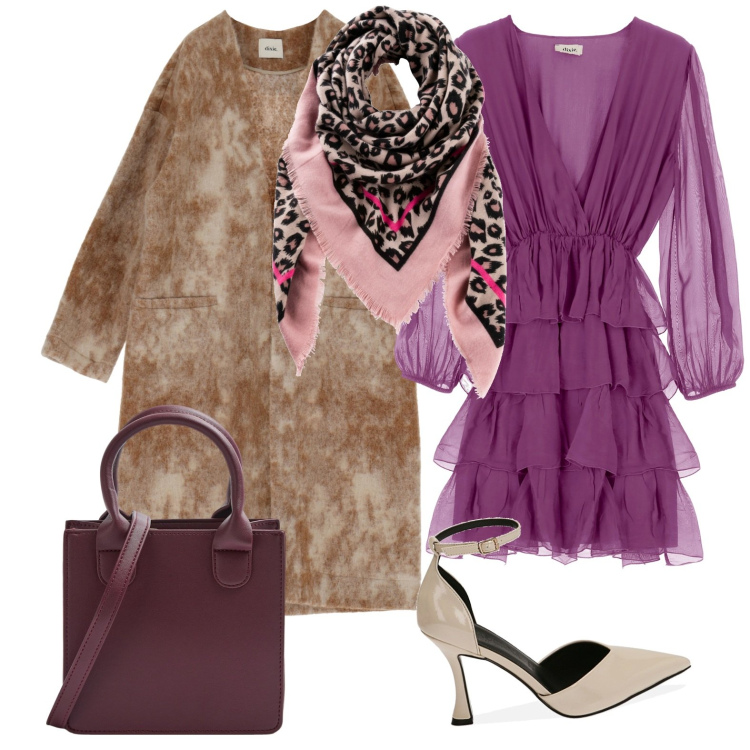 Outfit donna - L\'abito a balze. Stile Glamour per Serata fuori. Abbinamento con foulard, shopping bag, décolleté, vestiti corti, cappotti.