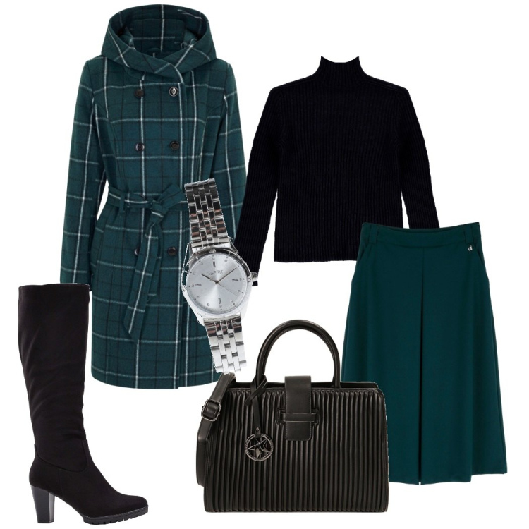 Outfit donna - Verde e nero. Stile Basic per Scuola/Università. Abbinamento con stivali, cappotti, orologi, pullovers, borse a mano, gonne longuette.