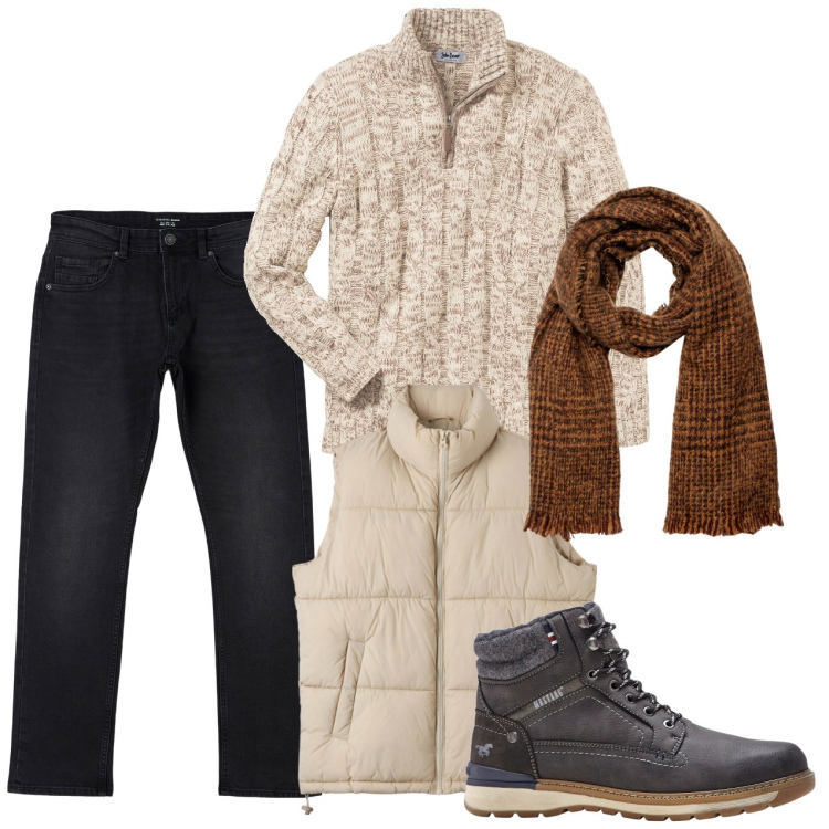 Outfit uomo - La sciarpa marrone. Stile Casual per Tutti i giorni. Abbinamento con maglieria, stivali e stivaletti, piumini, jeans dritti, sciarpe.