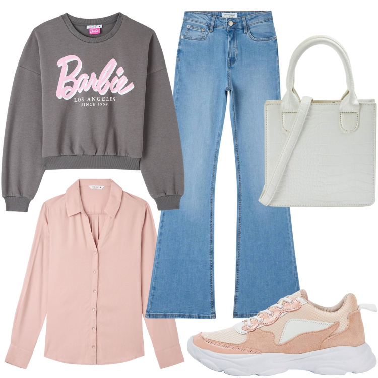 Outfit donna - Total look #1817618. Stile Casual per Tutti i giorni. Abbinamento con camicie, felpe, sneakers, shopping bag, jeans a zampa.