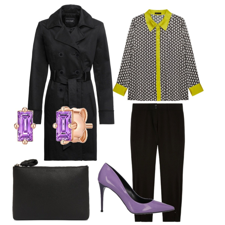 Outfit donna - Total look #1817620. Stile Casual chic per Ufficio. Abbinamento con trench, décolleté, orecchini, camicie, pantaloni skinny, pochette.