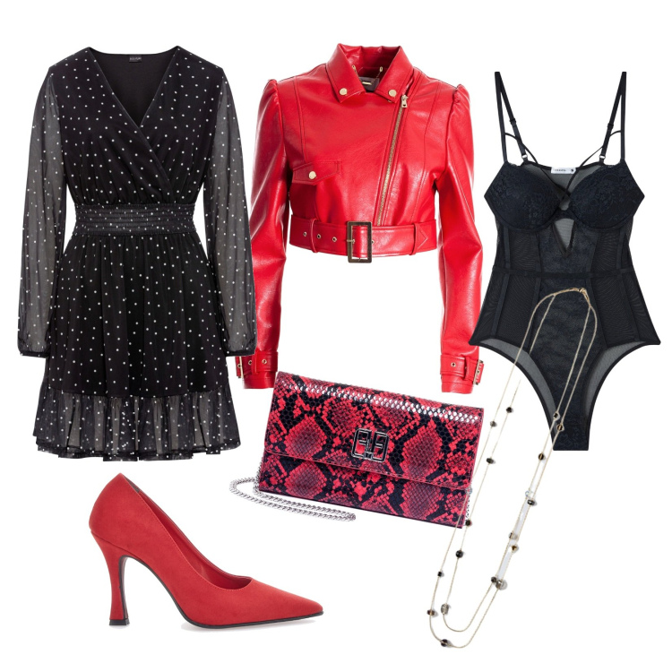 Outfit donna - I love my sexy body. Stile Casual chic per Serata fuori. Abbinamento con vestiti corti, body, giacche, pochette, décolleté, collane.