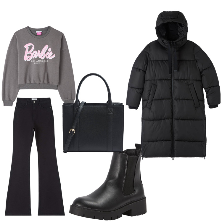 Outfit donna - Streetwear a scuola. Stile Urban per Scuola/Università. Abbinamento con felpe, anfibi, piumini, shopping bag, jeans a zampa.