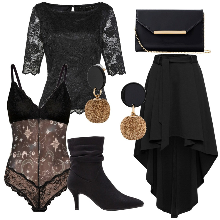 Outfit donna - Total look #1817673. Stile Rock per Serata fuori. Abbinamento con orecchini, gonne, bluse, body, pochette, stivaletti.
