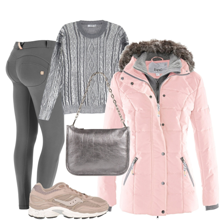 Outfit donna - City. Stile Sporty chic per Tutti i giorni. Abbinamento con piumini, sneakers, borse a spalla, pullovers, pantaloni skinny.