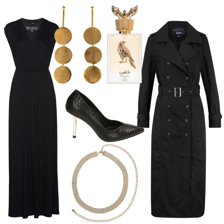 Outfit donna - Black and gold. Stile Chic per Serata fuori. Abbinamento con vestiti lunghi, trench, collane, profumi, décolleté, orecchini.