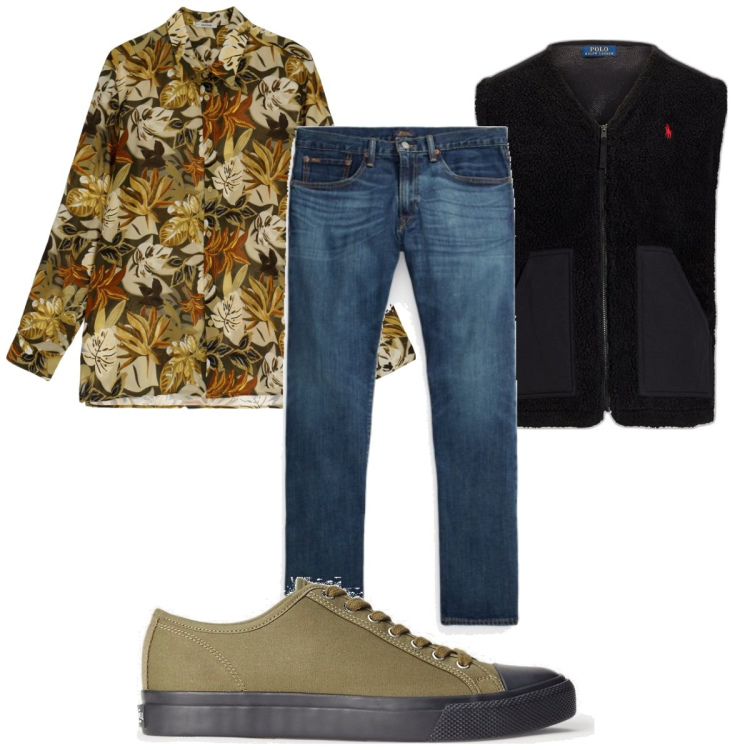 Outfit uomo - Total look #1817708. Stile Trendy per Tutti i giorni. Abbinamento con camicie, sneakers, jeans dritti, gilet.