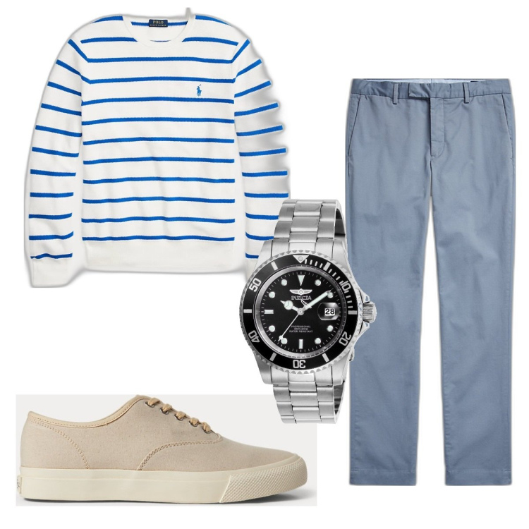 Outfit uomo - Total look #1817712. Stile Trendy per Tutti i giorni. Abbinamento con orologi, sneakers, pantaloni chino, maglieria.