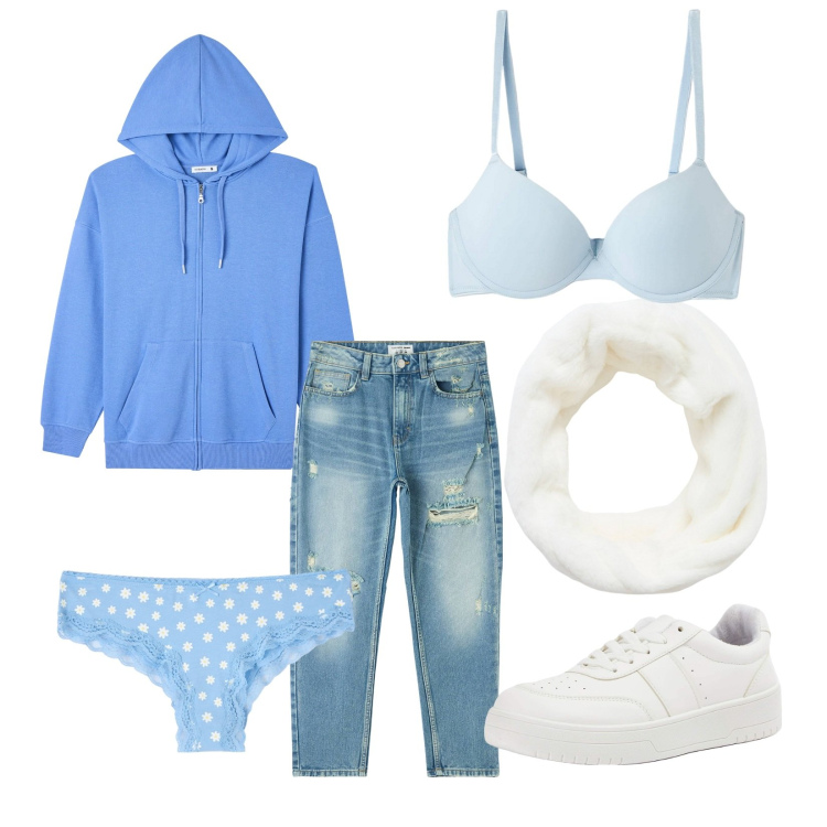 Outfit donna - Andiamo a prendere il pane a piedi. Stile Casual per Tutti i giorni. Abbinamento con jeans mom, reggiseni, slip, sneakers, fasce per capelli, felpe con cappuccio.