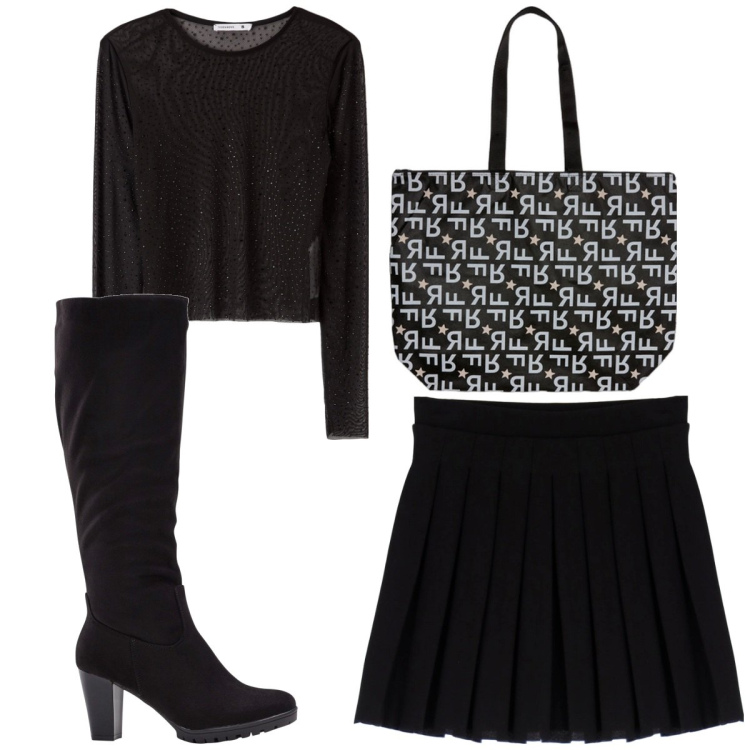 Outfit donna - Total look #1817738. Stile Trendy per Tutti i giorni. Abbinamento con stivali, t-shirt, minigonne, shopping bag.