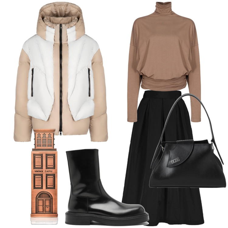 Outfit donna - In città. Stile Trendy per Tutti i giorni. Abbinamento con borse a mano, profumi, maglieria, piumini, stivaletti, gonne.